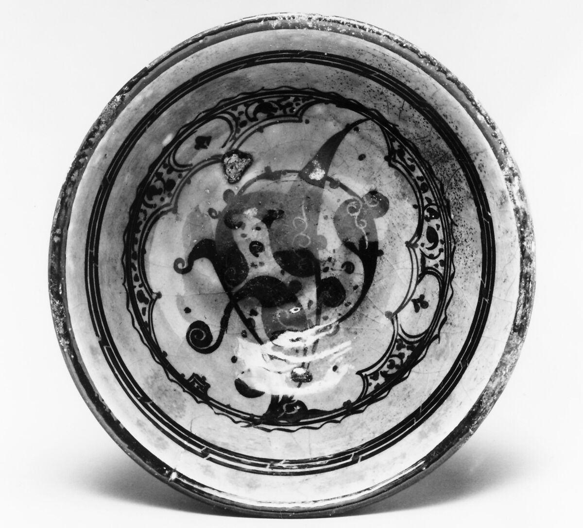 Bowl, Stonepaste;  painted and incised under transparent turquoise glaze