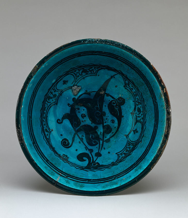 Bowl, Stonepaste;  painted and incised under transparent turquoise glaze 