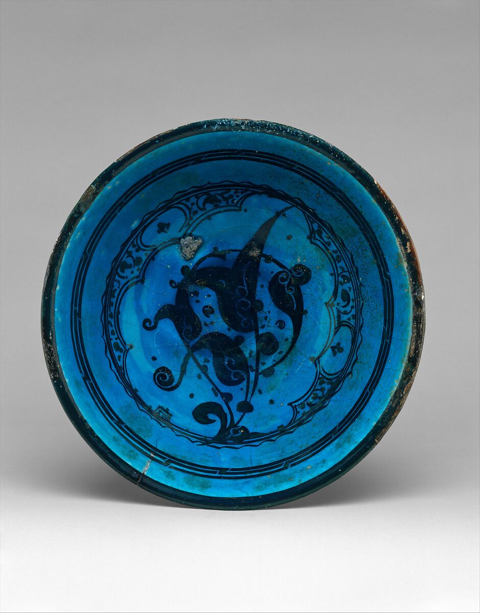 Bowl, Stonepaste;  painted and incised under transparent turquoise glaze