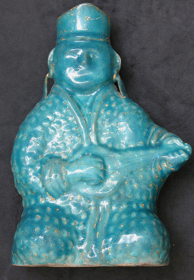 Bottle in the Form of a Lute Player, Stonepaste; molded, turquoise-glazed, partially gilded