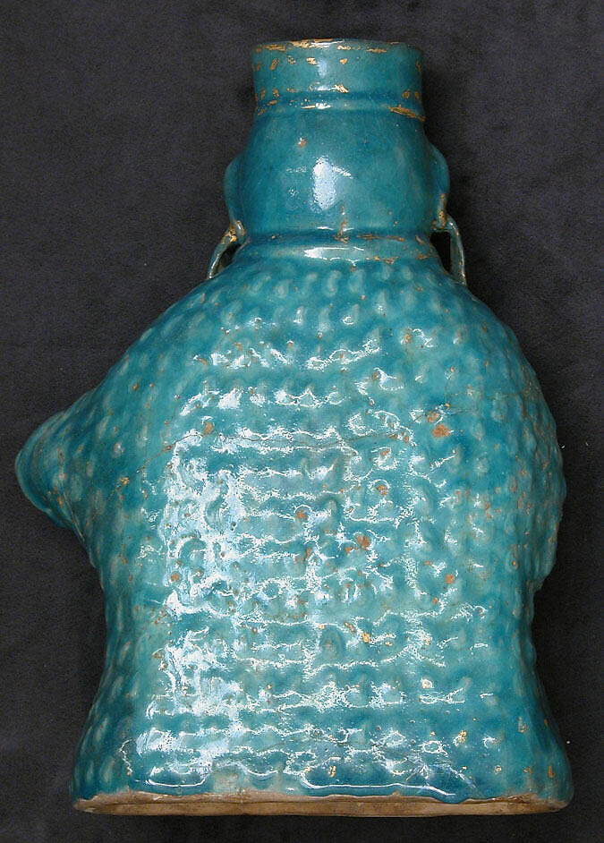 Bottle in the Form of a Lute Player, Stonepaste; molded, turquoise-glazed, partially gilded