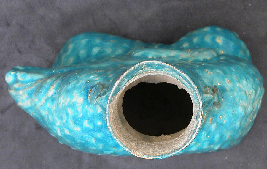 Bottle in the Form of a Lute Player, Stonepaste; molded, turquoise-glazed, partially gilded