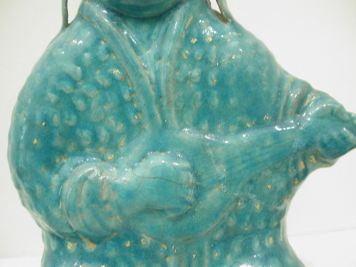 Bottle in the Form of a Lute Player, Stonepaste; molded, turquoise-glazed, partially gilded