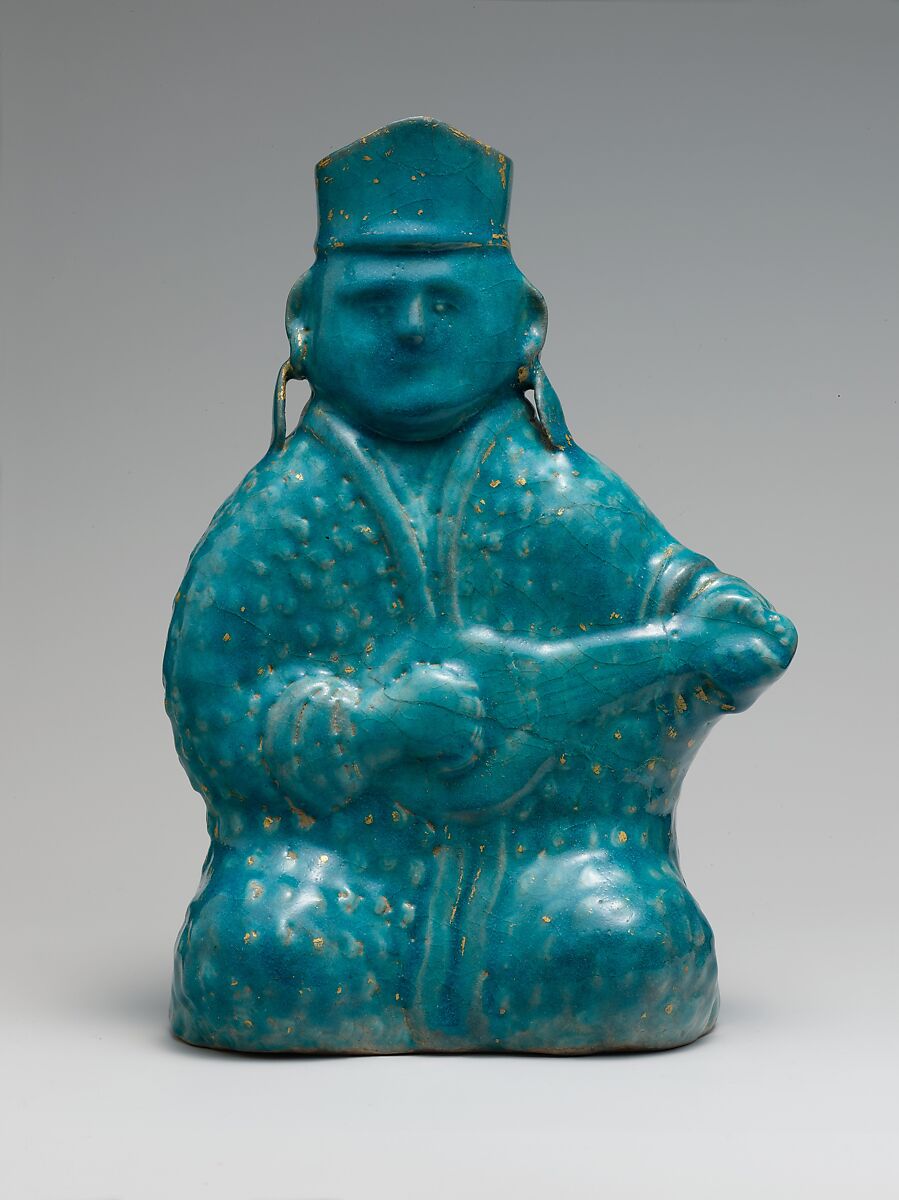 Bottle in the Form of a Lute Player, Stonepaste; molded, turquoise-glazed, partially gilded 