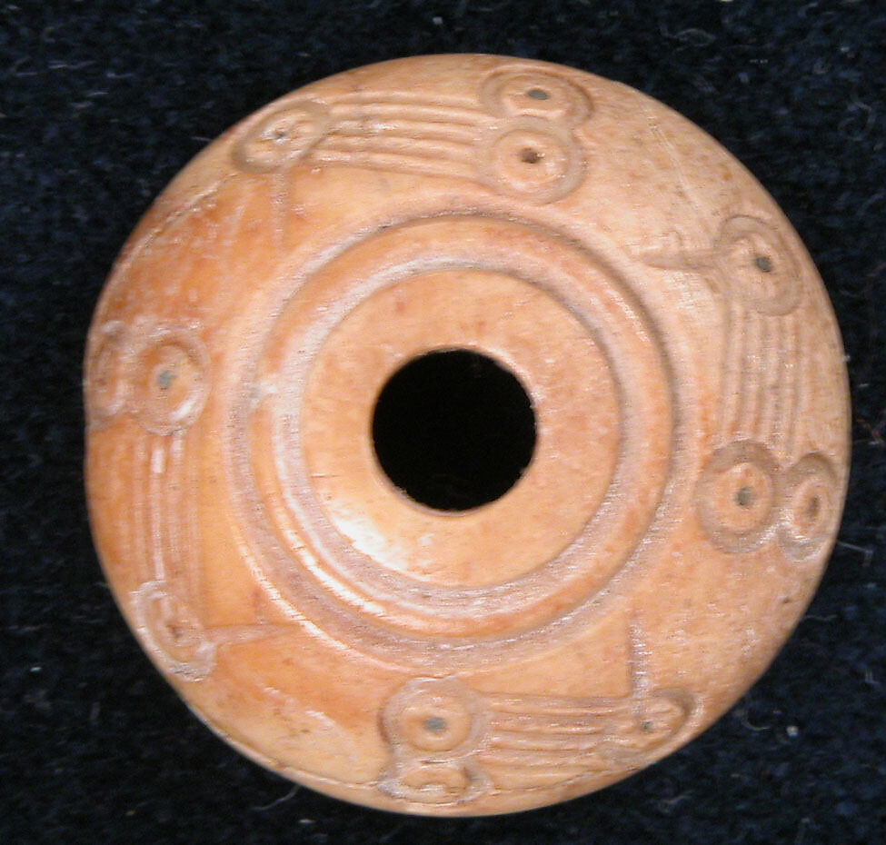 Spindle Whorl or Button, Bone; incised and inlaid with paint
