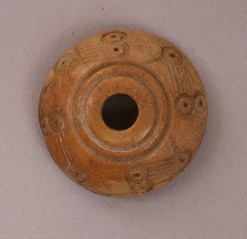 Spindle Whorl or Button, Bone; incised and inlaid with paint 