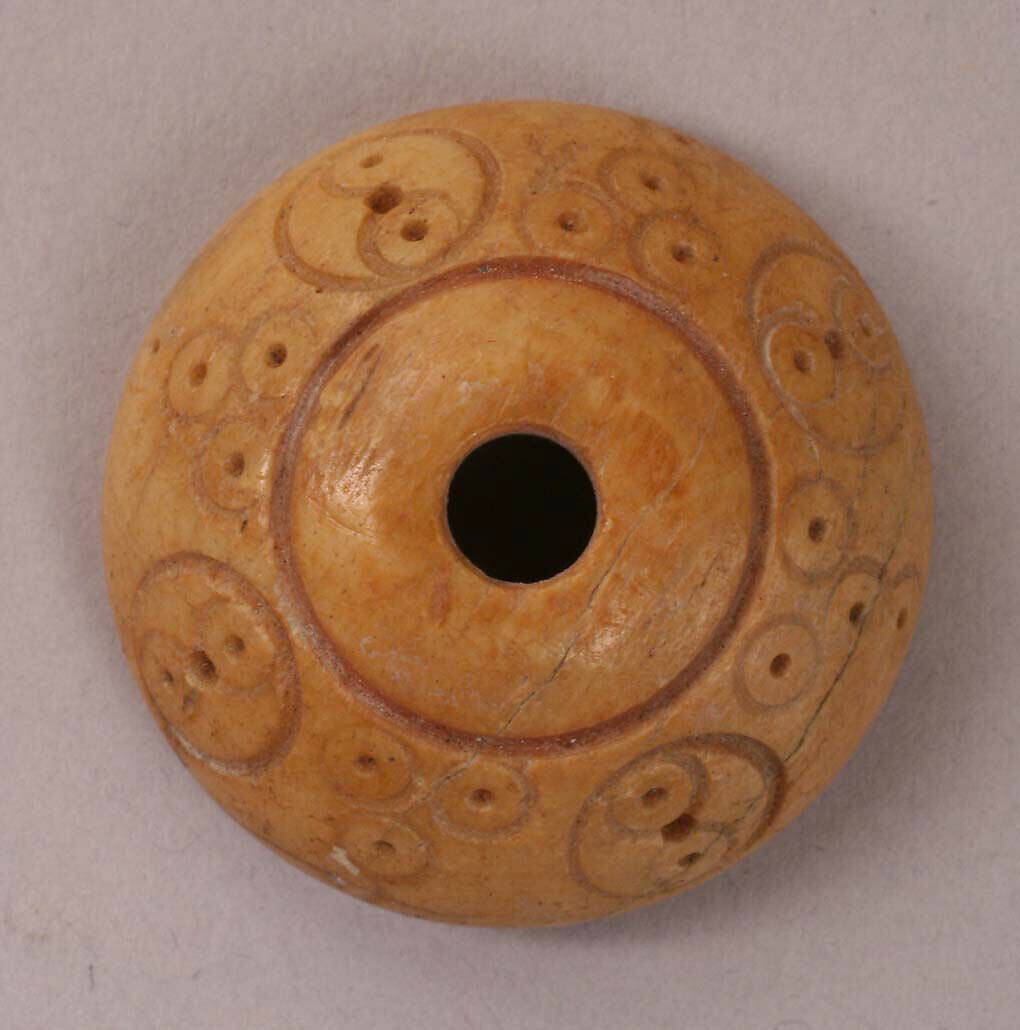 Spindle Whorl or Button, Bone; incised and inlaid with paint 