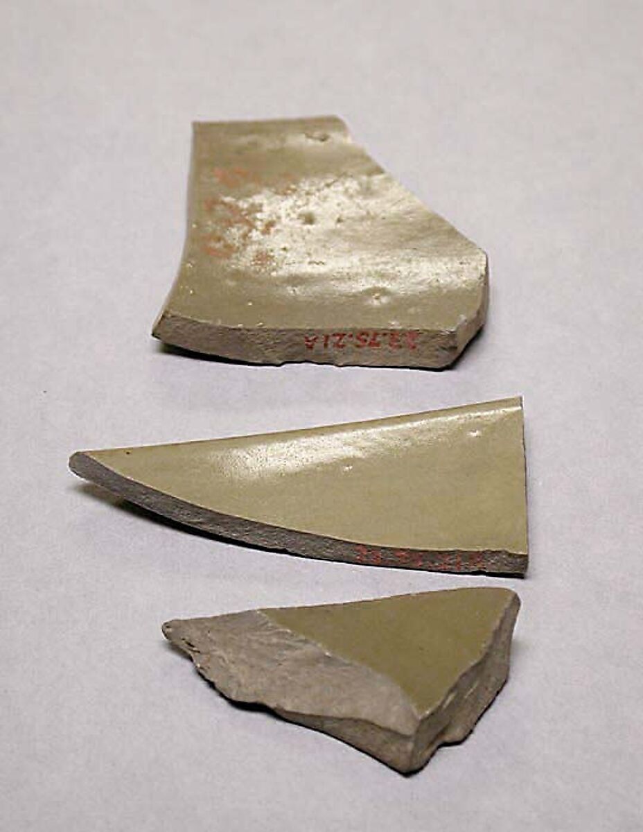 Three Fragments of Yue Ware Bowls, Stoneware; celadon glazed (Yue ware) 