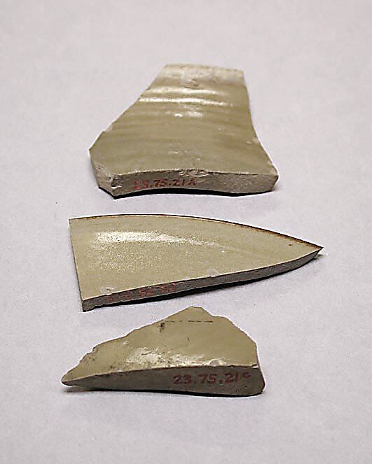 Three Fragments of Yue Ware Bowls, Stoneware; celadon glazed (Yue ware)