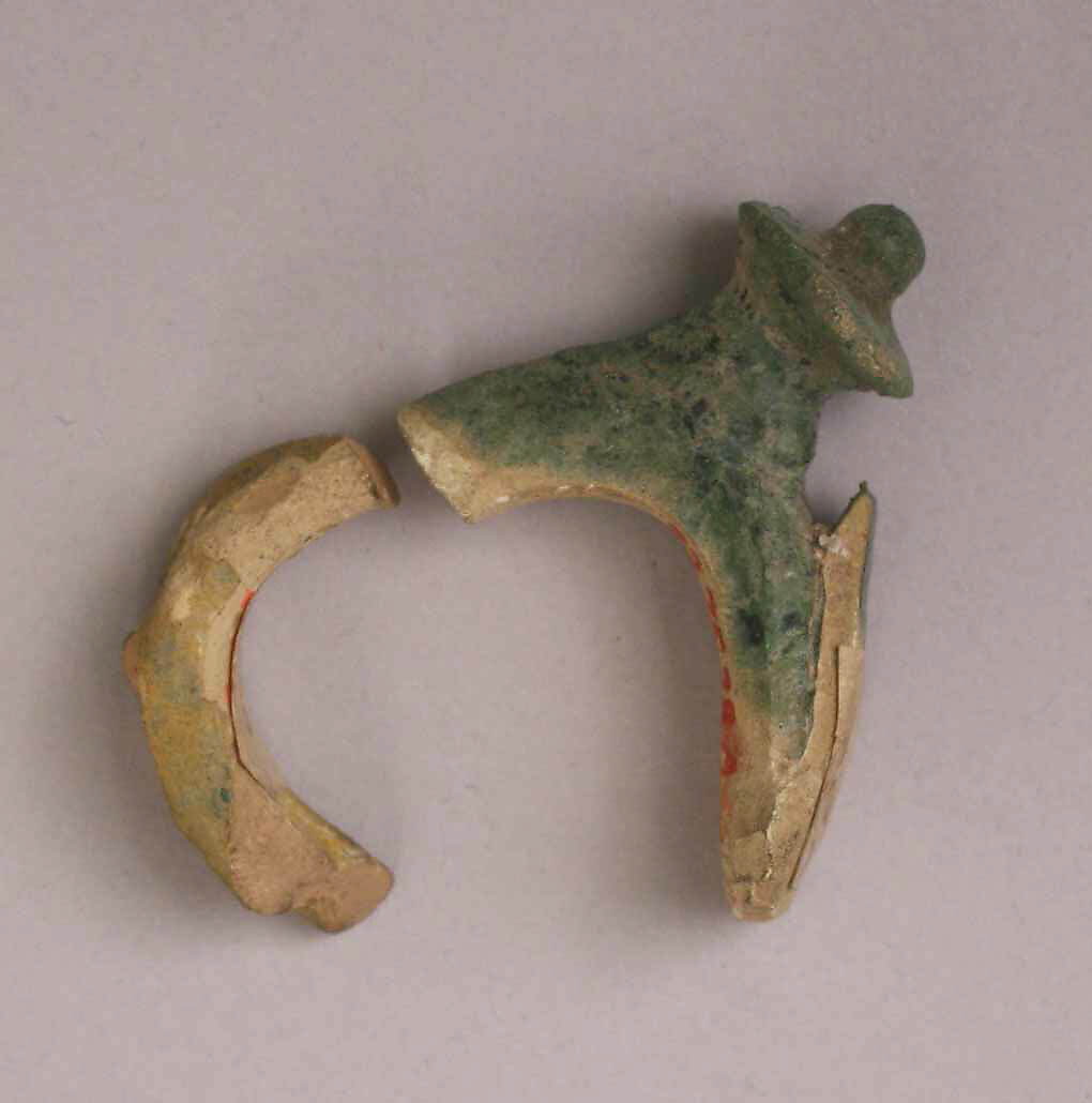 Fragments of a Green Glazed Handle with Knob, Earthenware; glazed 