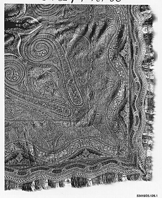 Shawl, Wool, silk; double interlocking twill tapestry weave, embroidered, pieced