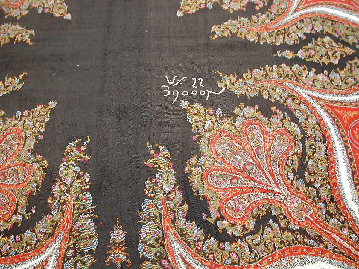 Shawl, Wool, silk; double interlocking twill tapestry weave, embroidered, pieced