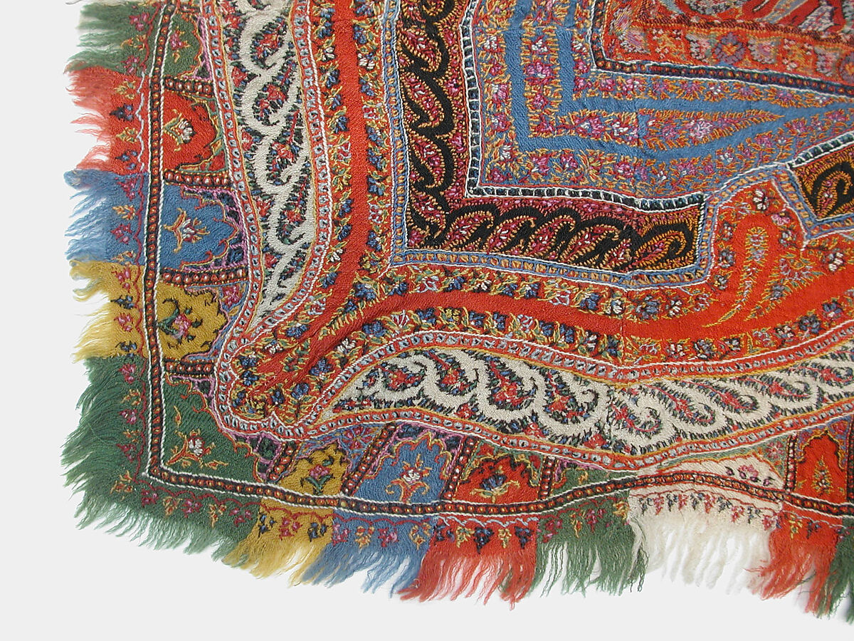 Shawl, Wool, silk; double interlocking twill tapestry weave, embroidered, pieced