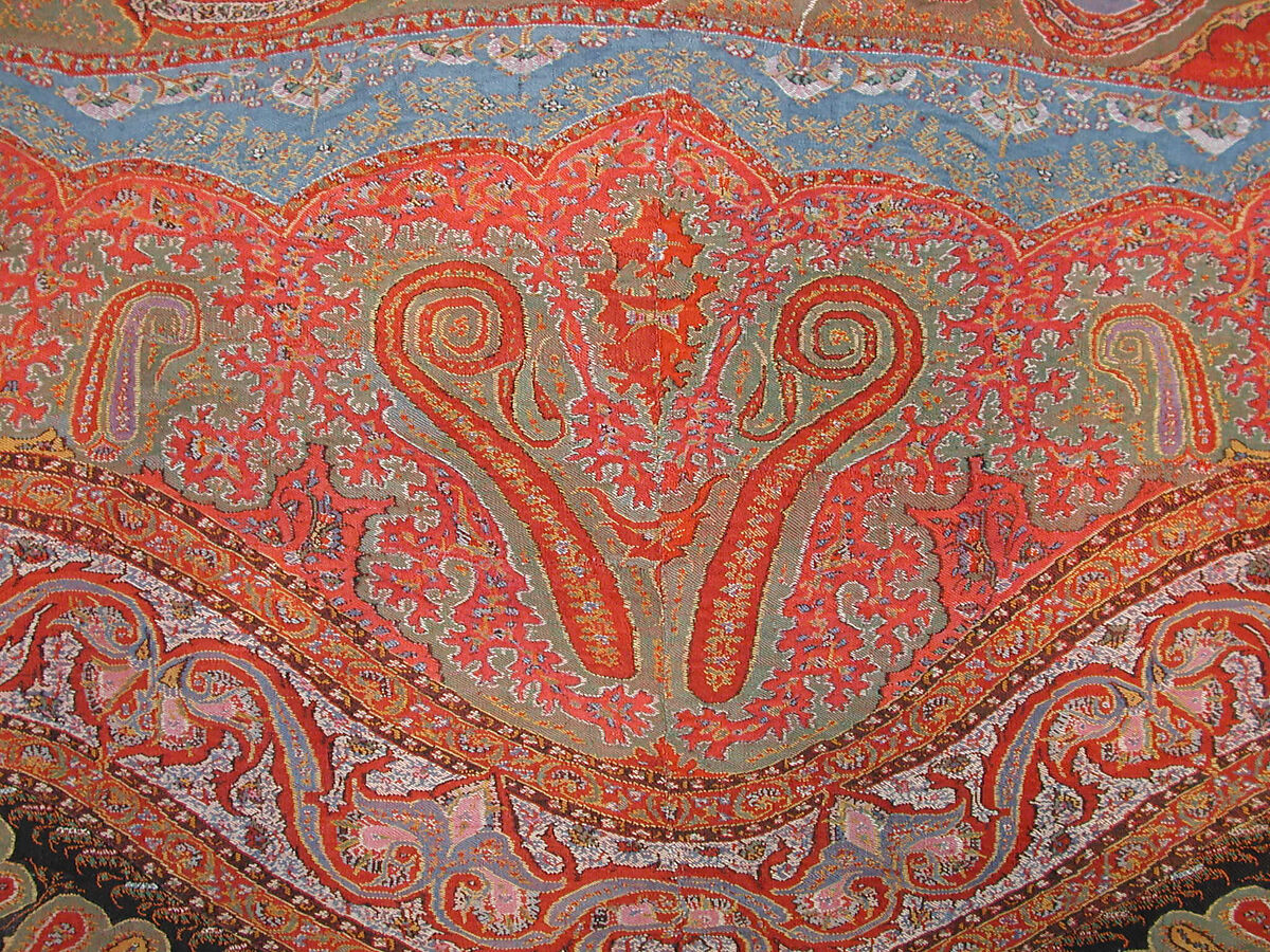 Shawl, Wool, silk; double interlocking twill tapestry weave, embroidered, pieced