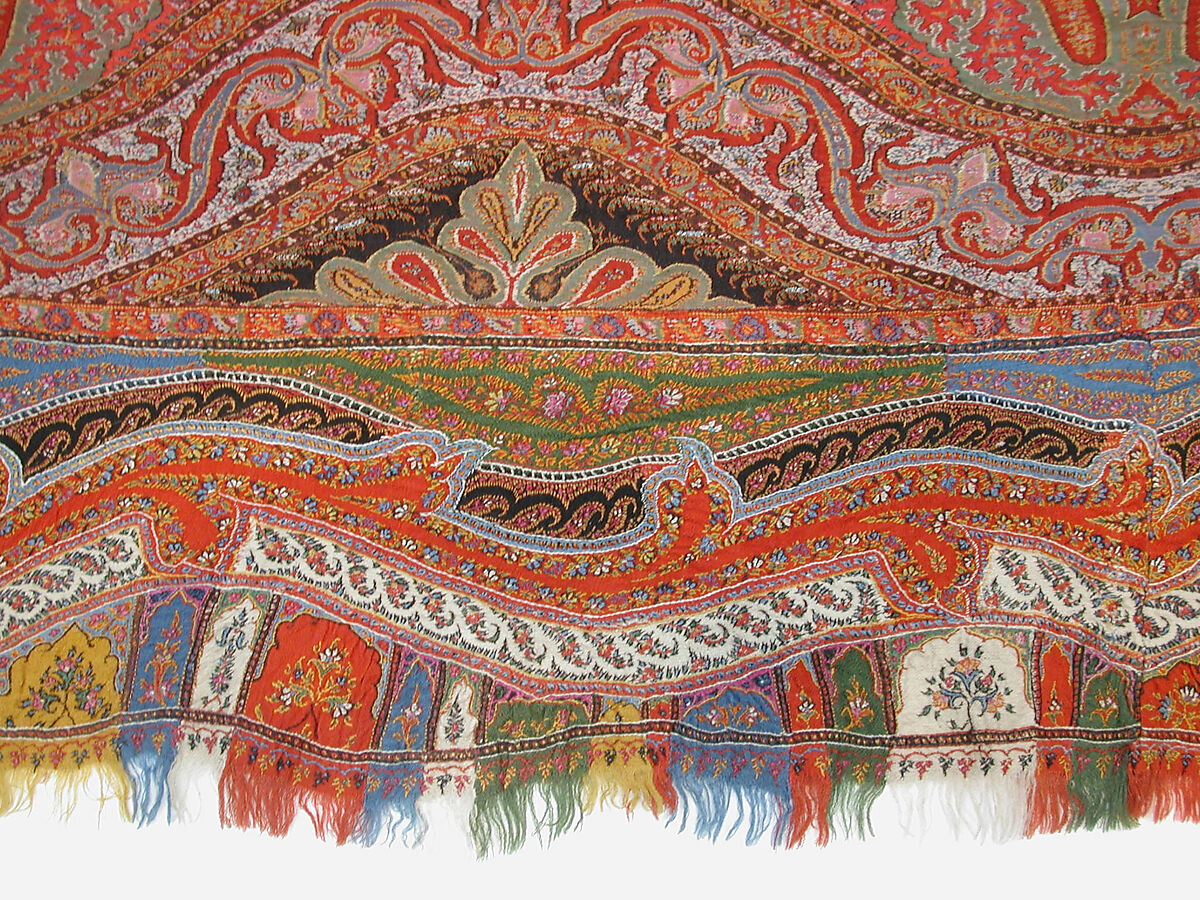 Shawl, Wool, silk; double interlocking twill tapestry weave, embroidered, pieced