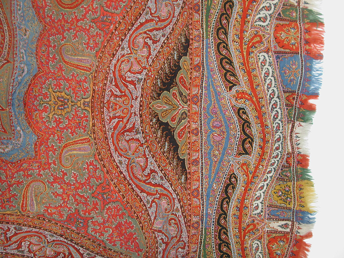 Shawl, Wool, silk; double interlocking twill tapestry weave, embroidered, pieced
