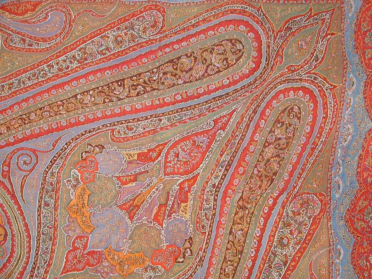 Shawl, Wool, silk; double interlocking twill tapestry weave, embroidered, pieced