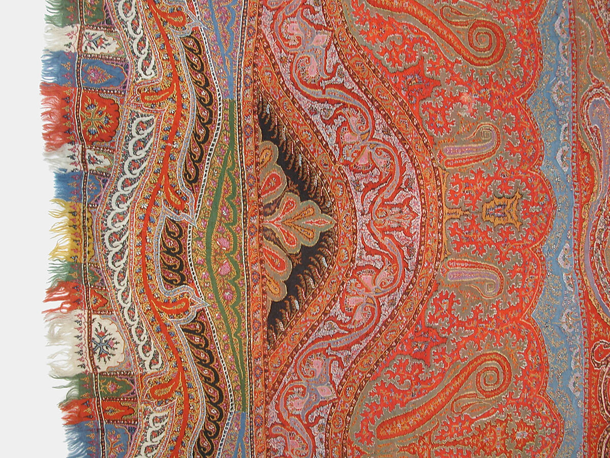 Shawl, Wool, silk; double interlocking twill tapestry weave, embroidered, pieced