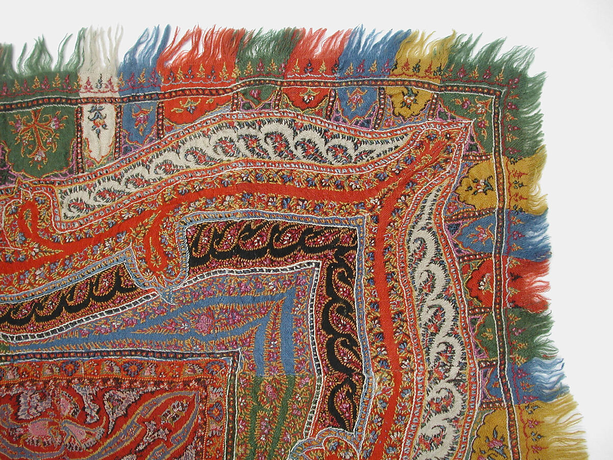 Shawl, Wool, silk; double interlocking twill tapestry weave, embroidered, pieced