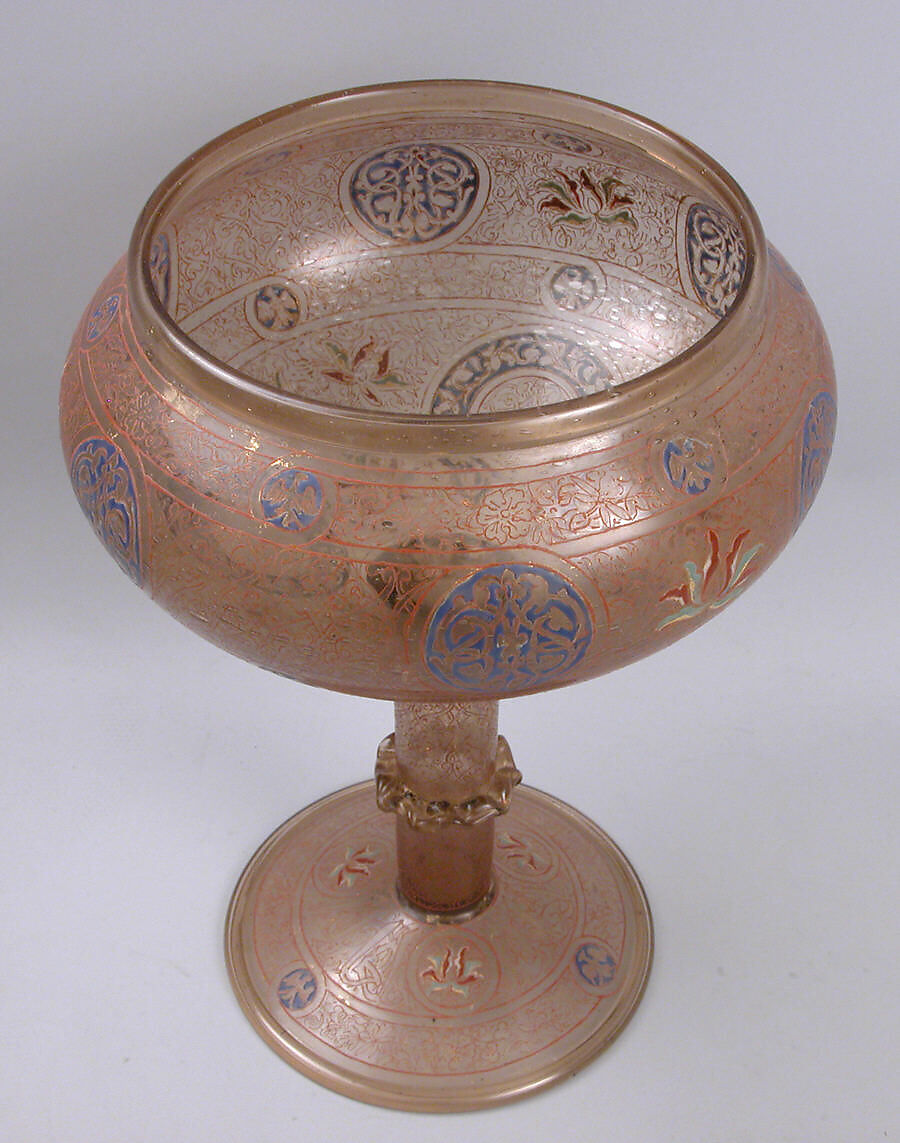 Footed Bowl, Glass, translucent brownish; free blown, tooled, enameled, and gilded 