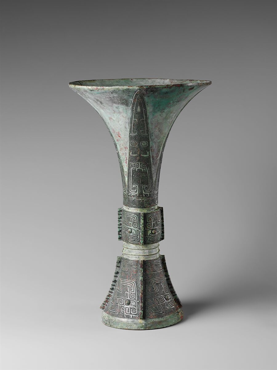 Wine beaker (gu), Bronze inlaid with black pigment, China 