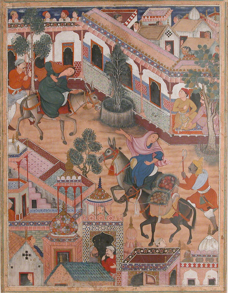 "The Spy Zambur Brings Mahiya to the City of Tawariq", Folio from a Hamzanama (Book of Hamza), Attributed to Kesav Das (Indian, active ca. 1570–1604), Ink, opaque watercolor, and gold on cloth; mounted on paper