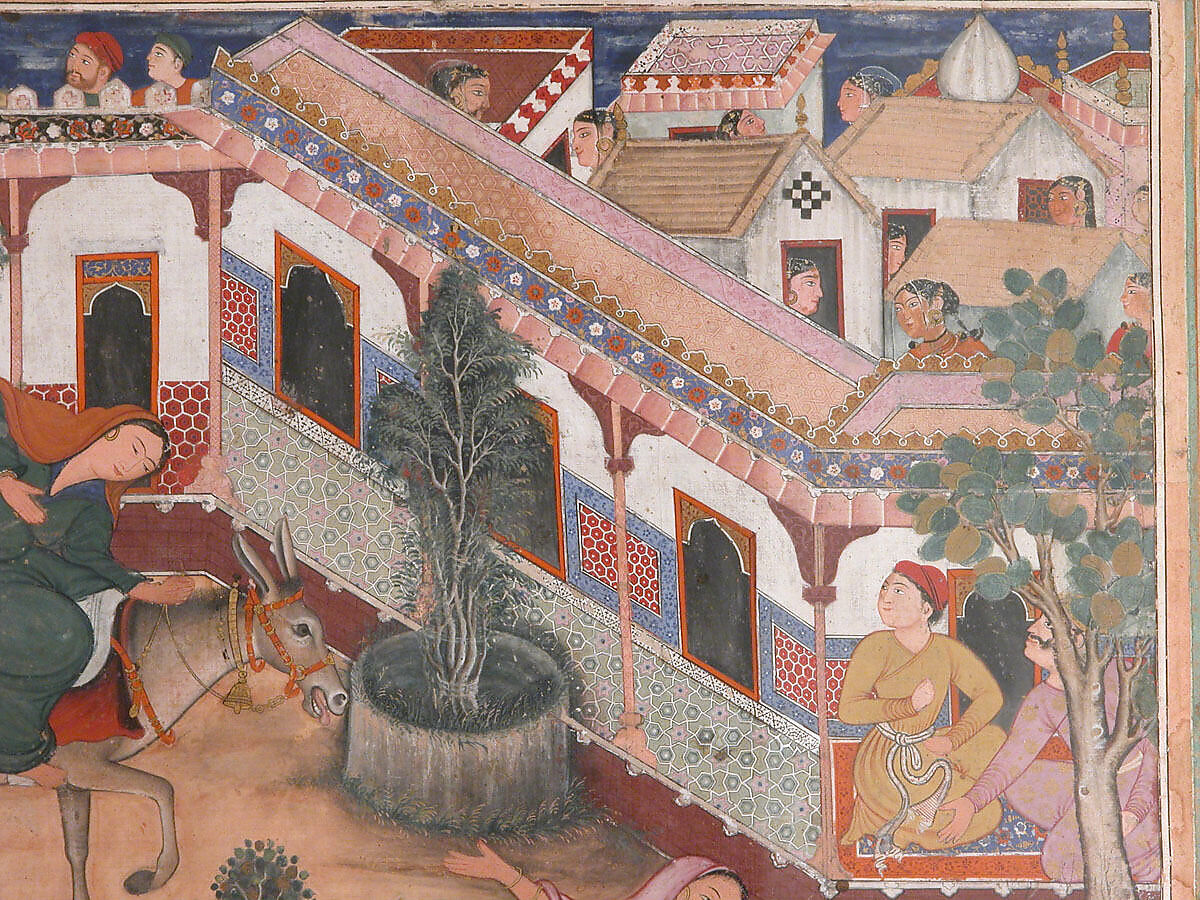 "The Spy Zambur Brings Mahiya to the City of Tawariq", Folio from a Hamzanama (Book of Hamza), Attributed to Kesav Das (Indian, active ca. 1570–1604), Ink, opaque watercolor, and gold on cloth; mounted on paper