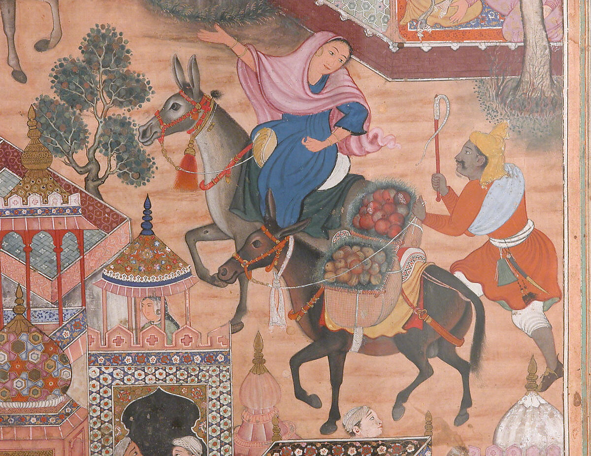 "The Spy Zambur Brings Mahiya to the City of Tawariq", Folio from a Hamzanama (Book of Hamza), Attributed to Kesav Das (Indian, active ca. 1570–1604), Ink, opaque watercolor, and gold on cloth; mounted on paper