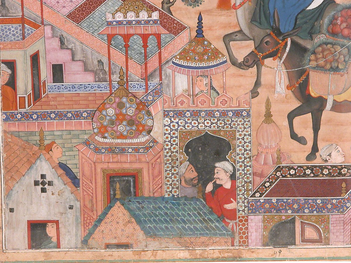 "The Spy Zambur Brings Mahiya to the City of Tawariq", Folio from a Hamzanama (Book of Hamza), Attributed to Kesav Das (Indian, active ca. 1570–1604), Ink, opaque watercolor, and gold on cloth; mounted on paper