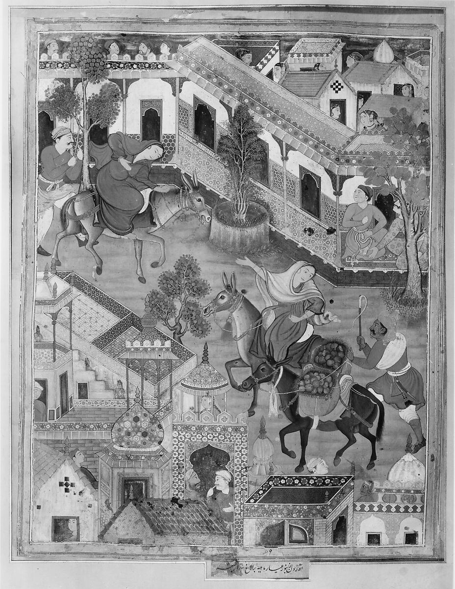 "The Spy Zambur Brings Mahiya to the City of Tawariq", Folio from a Hamzanama (Book of Hamza), Attributed to Kesav Das (Indian, active ca. 1570–1604), Ink, opaque watercolor, and gold on cloth; mounted on paper