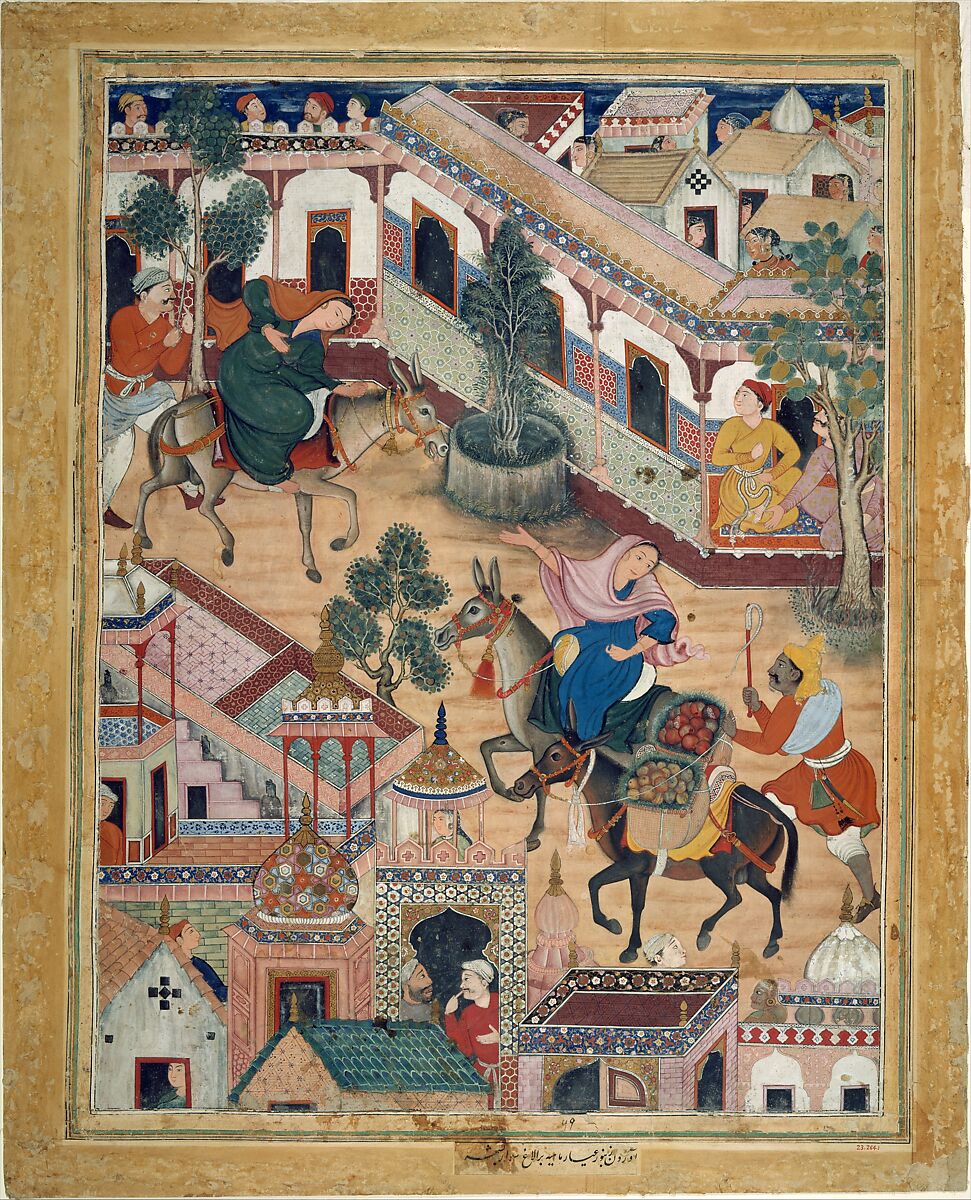 "The Spy Zambur Brings Mahiya to the City of Tawariq", Folio from a Hamzanama (Book of Hamza), Attributed to Kesav Das (Indian, active ca. 1570–1604), Ink, opaque watercolor, and gold on cloth; mounted on paper 
