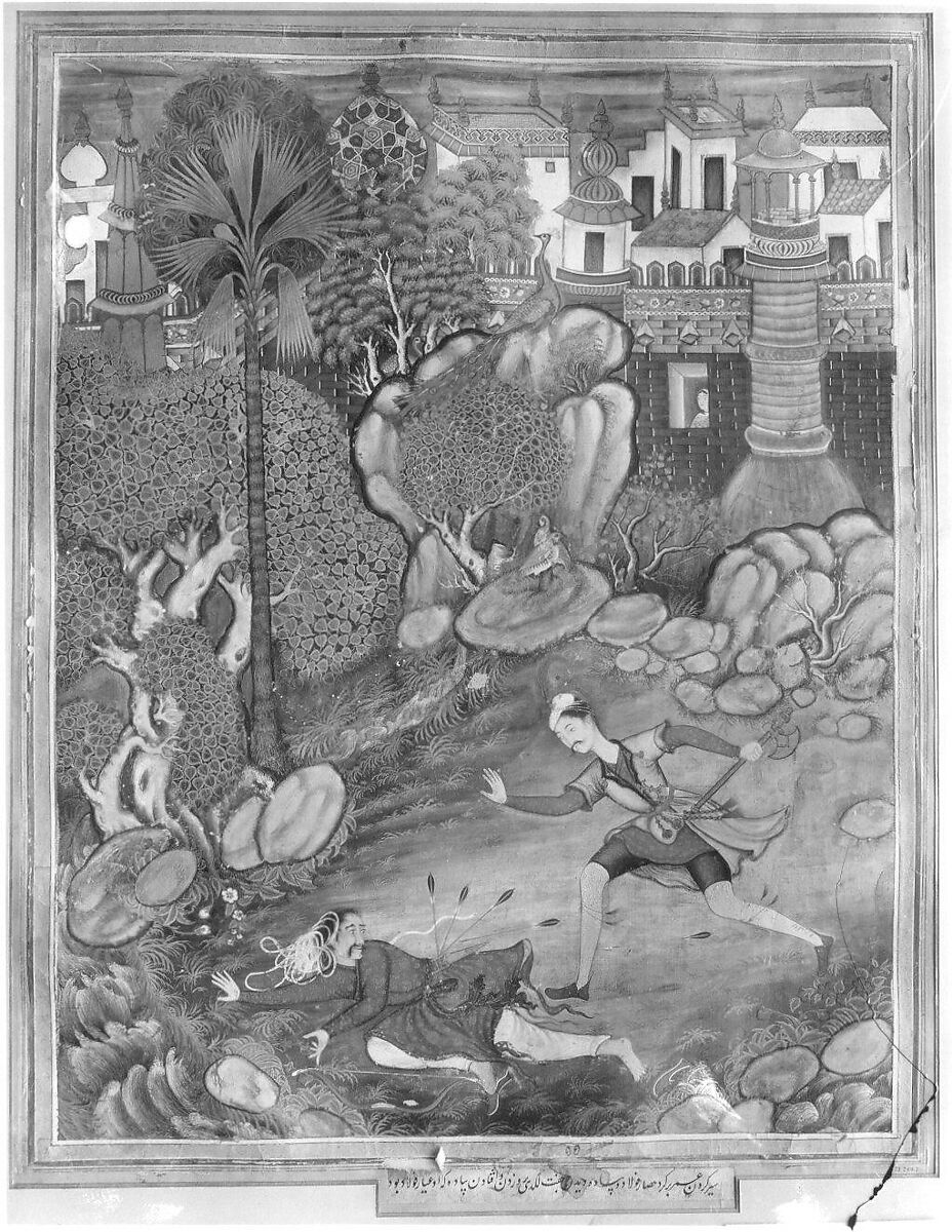 "'Umar Walks around Fulad Castle, Meets a Foot Soldier and Kicks Him to the Ground", Folio from a Hamzanama (The Adventures of Hamza), Attributed to Kesav Das (Indian, active ca. 1570–1604), Ink, opaque watercolor, and gold on cloth; mounted on paper