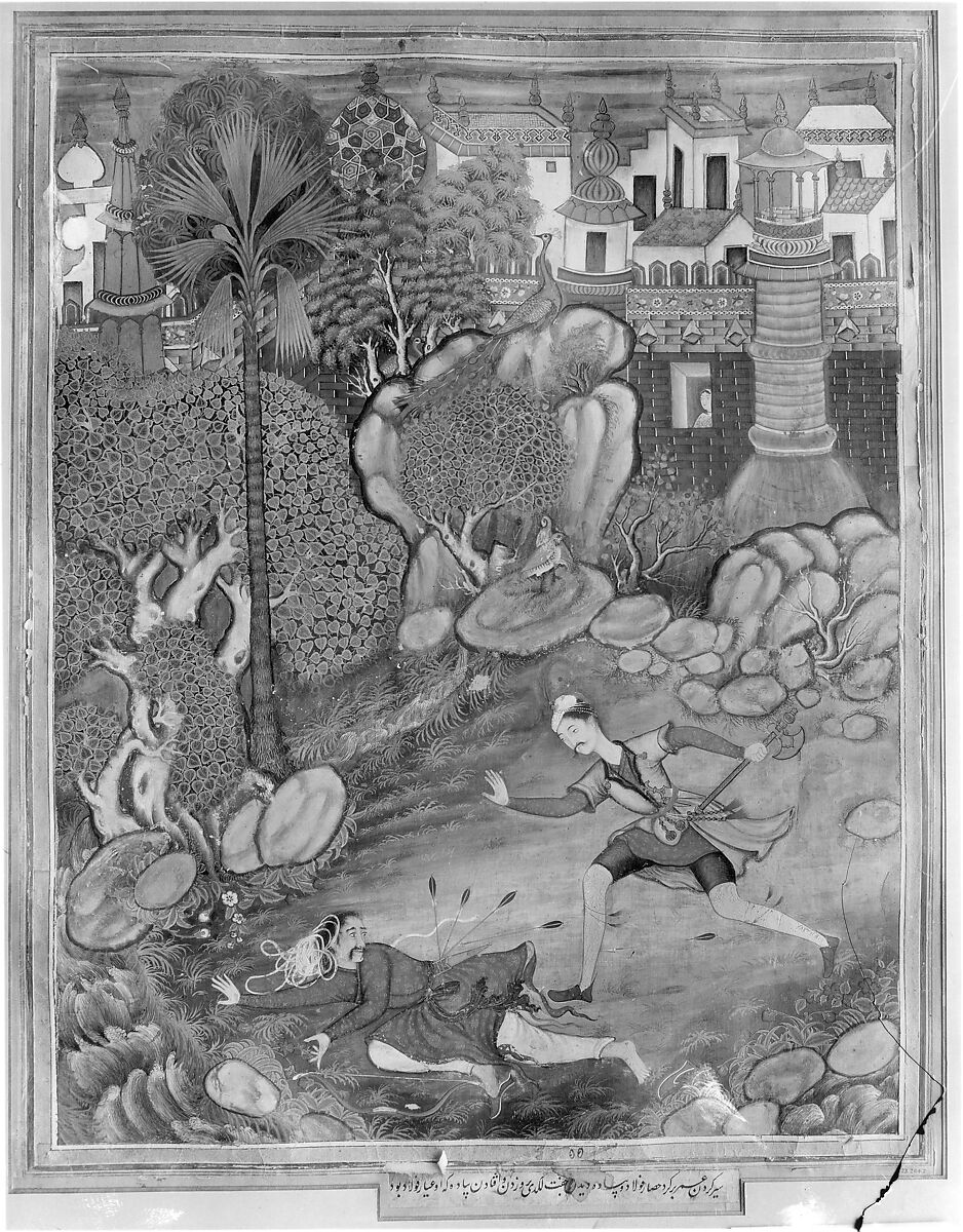 "'Umar Walks around Fulad Castle, Meets a Foot Soldier and Kicks Him to the Ground", Folio from a Hamzanama (The Adventures of Hamza), Attributed to Kesav Das (Indian, active ca. 1570–1604), Ink, opaque watercolor, and gold on cloth; mounted on paper