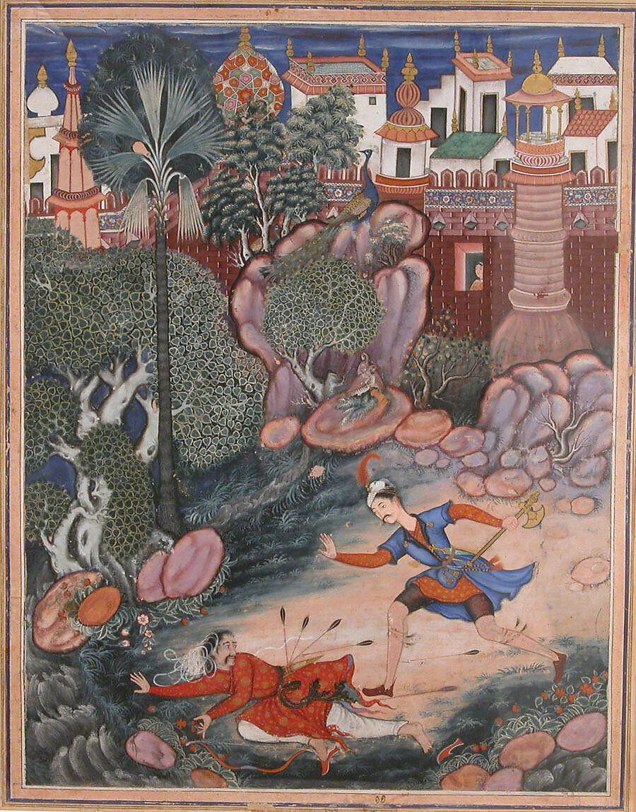 "'Umar Walks around Fulad Castle, Meets a Foot Soldier and Kicks Him to the Ground", Folio from a Hamzanama (The Adventures of Hamza), Attributed to Kesav Das (Indian, active ca. 1570–1604), Ink, opaque watercolor, and gold on cloth; mounted on paper