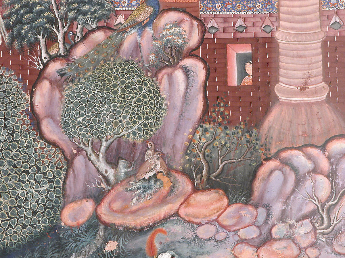 "'Umar Walks around Fulad Castle, Meets a Foot Soldier and Kicks Him to the Ground", Folio from a Hamzanama (The Adventures of Hamza), Attributed to Kesav Das (Indian, active ca. 1570–1604), Ink, opaque watercolor, and gold on cloth; mounted on paper