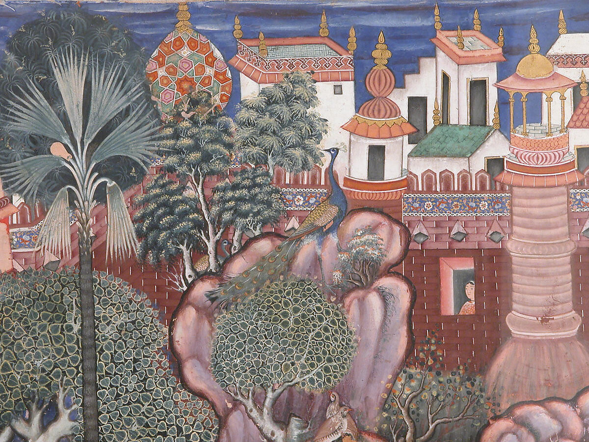 "'Umar Walks around Fulad Castle, Meets a Foot Soldier and Kicks Him to the Ground", Folio from a Hamzanama (The Adventures of Hamza), Attributed to Kesav Das (Indian, active ca. 1570–1604), Ink, opaque watercolor, and gold on cloth; mounted on paper