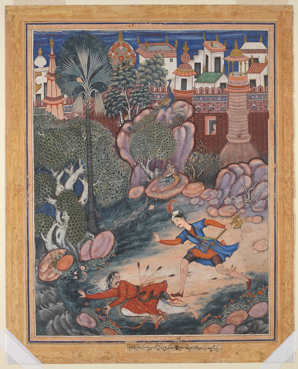 "'Umar Walks around Fulad Castle, Meets a Foot Soldier and Kicks Him to the Ground", Folio from a Hamzanama (The Adventures of Hamza), Attributed to Kesav Das (Indian, active ca. 1570–1604), Ink, opaque watercolor, and gold on cloth; mounted on paper 