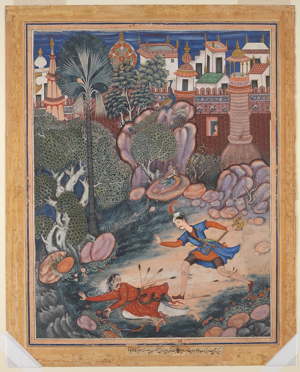 "'Umar Walks around Fulad Castle, Meets a Foot Soldier and Kicks Him to the Ground", Folio from a Hamzanama (The Adventures of Hamza), Kesav Das  Indian, Ink, opaque watercolor, and gold on cloth; mounted on paper