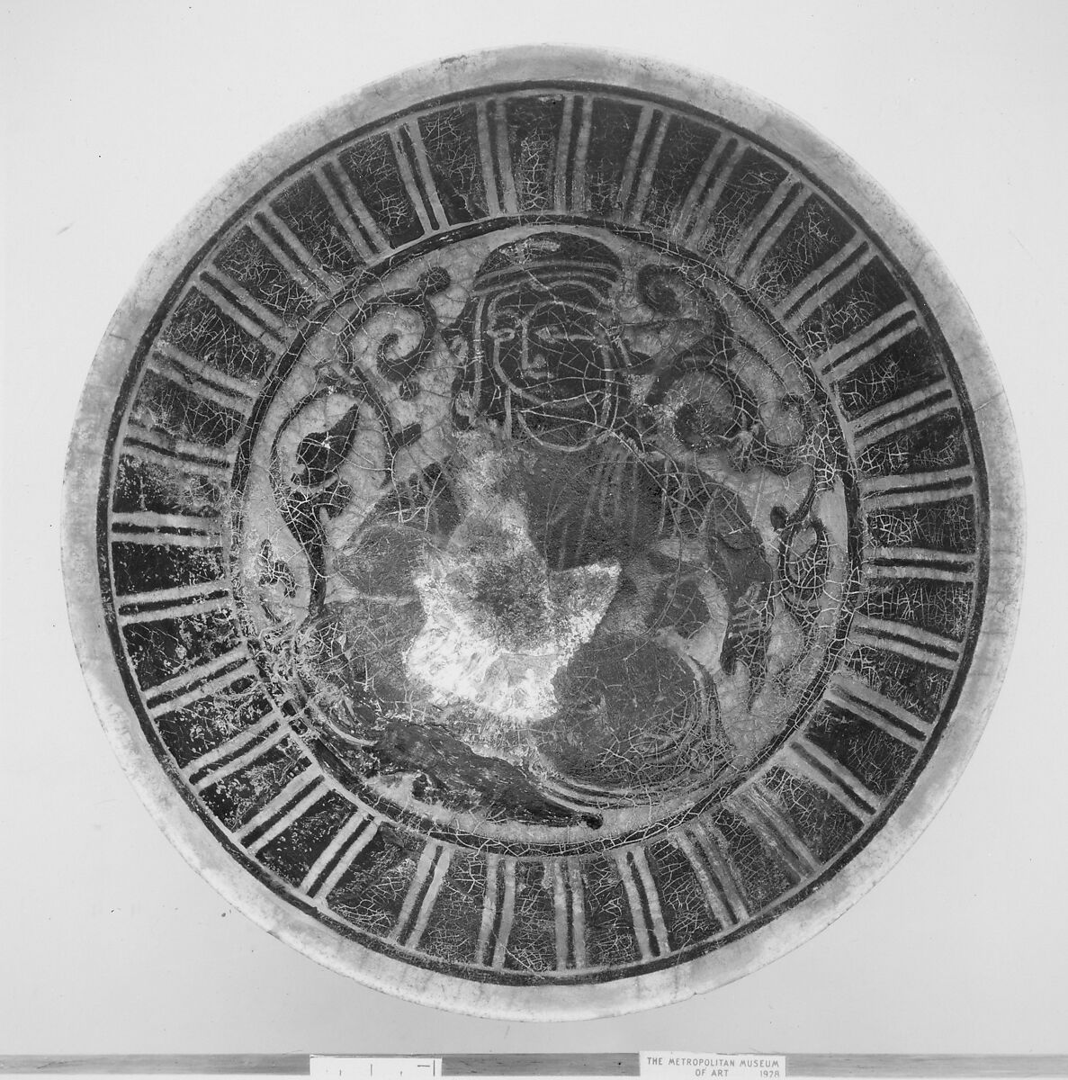 Bowl, Earthenware; incised in black slip under turquoise glaze