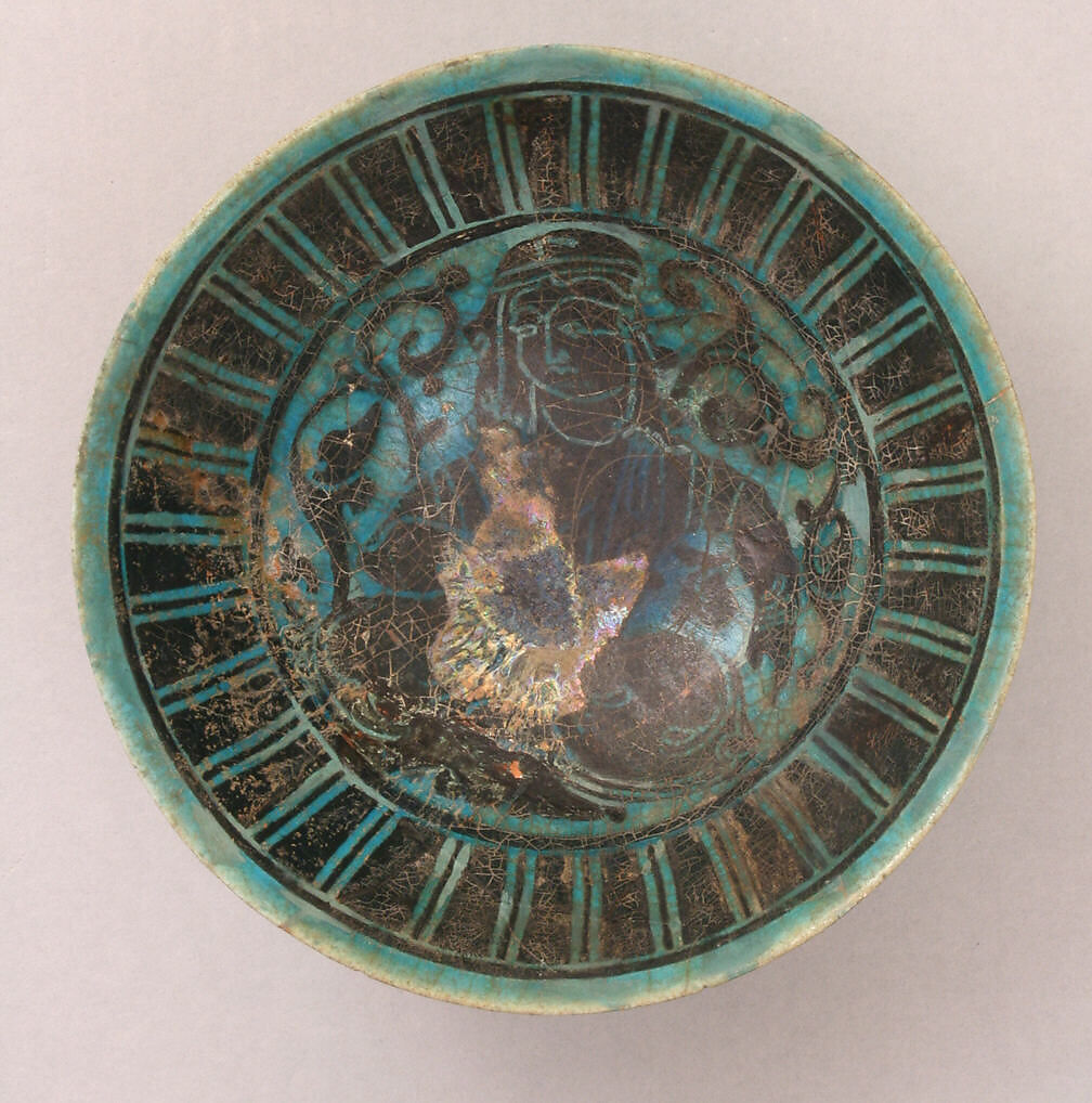 Bowl, Earthenware; incised in black slip under turquoise glaze 