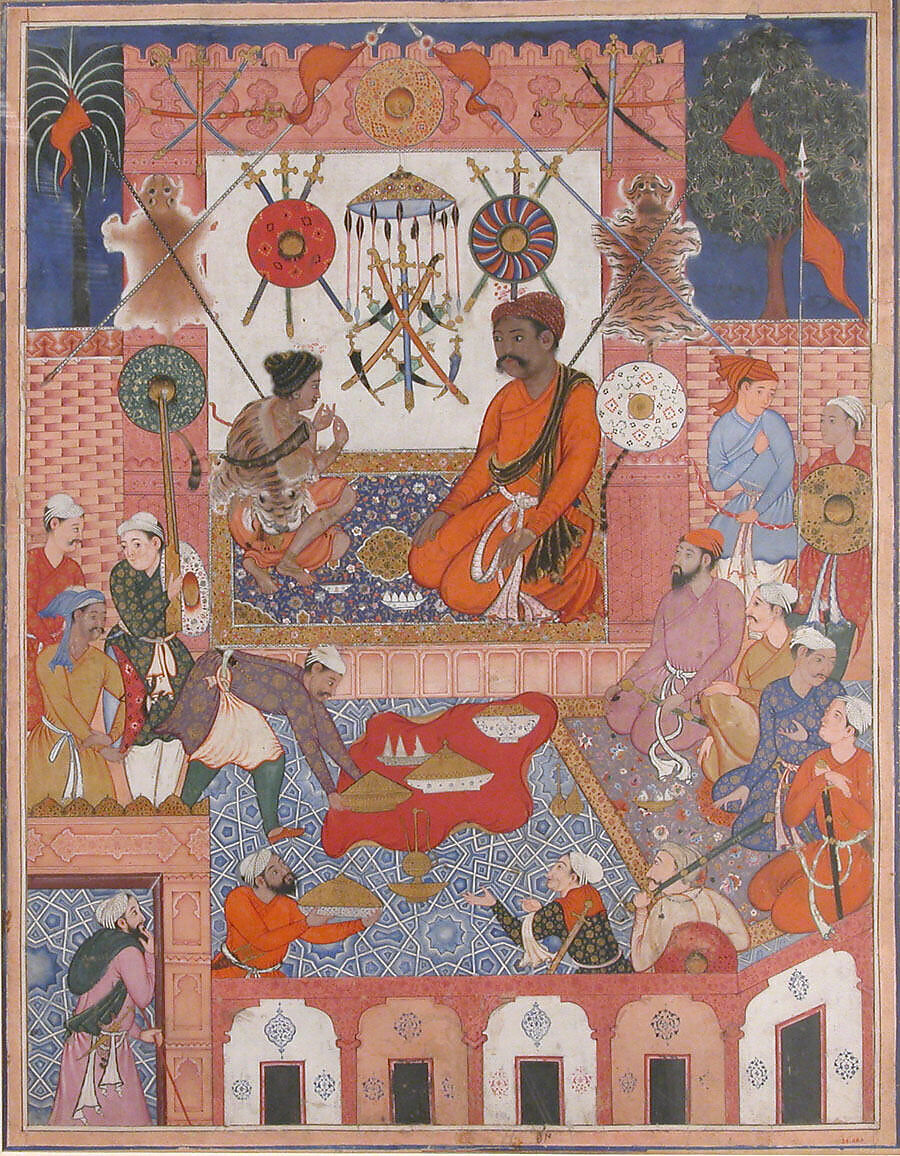 "Misbah the Grocer Brings the Spy Parran to his House", Folio from a Hamzanama (The Adventures of Hamza), Attributed to Dasavanta (Indian), Ink, opaque watercolor, and gold on cloth; mounted on paper