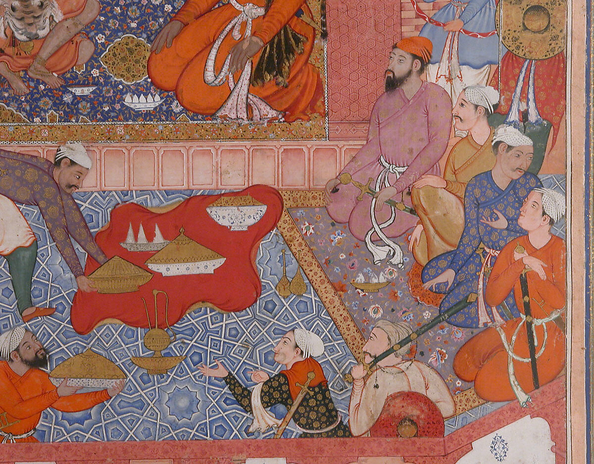 "Misbah the Grocer Brings the Spy Parran to his House", Folio from a Hamzanama (The Adventures of Hamza), Attributed to Dasavanta (Indian), Ink, opaque watercolor, and gold on cloth; mounted on paper