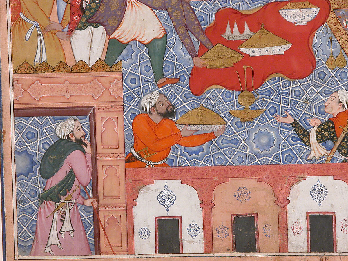 "Misbah the Grocer Brings the Spy Parran to his House", Folio from a Hamzanama (The Adventures of Hamza), Attributed to Dasavanta (Indian), Ink, opaque watercolor, and gold on cloth; mounted on paper