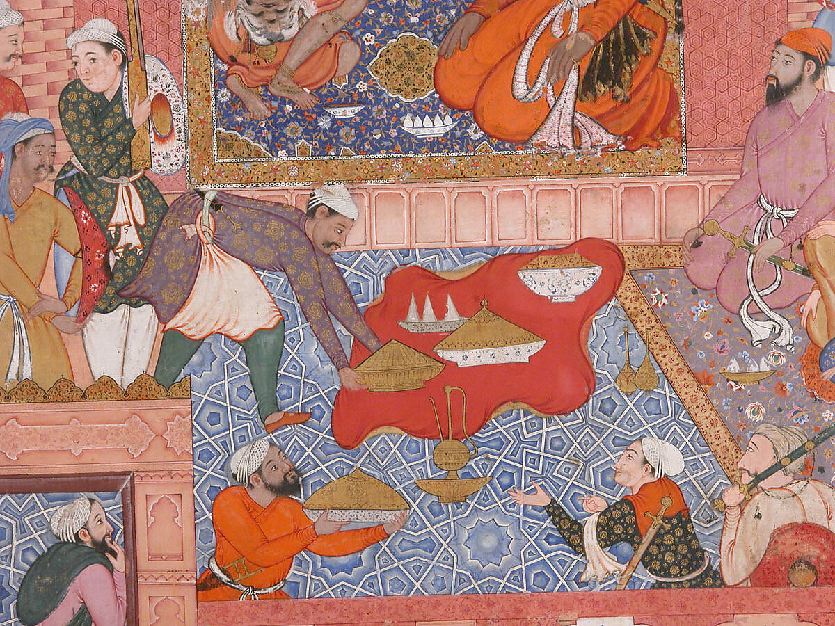 "Misbah the Grocer Brings the Spy Parran to his House", Folio from a Hamzanama (The Adventures of Hamza), Attributed to Dasavanta (Indian), Ink, opaque watercolor, and gold on cloth; mounted on paper