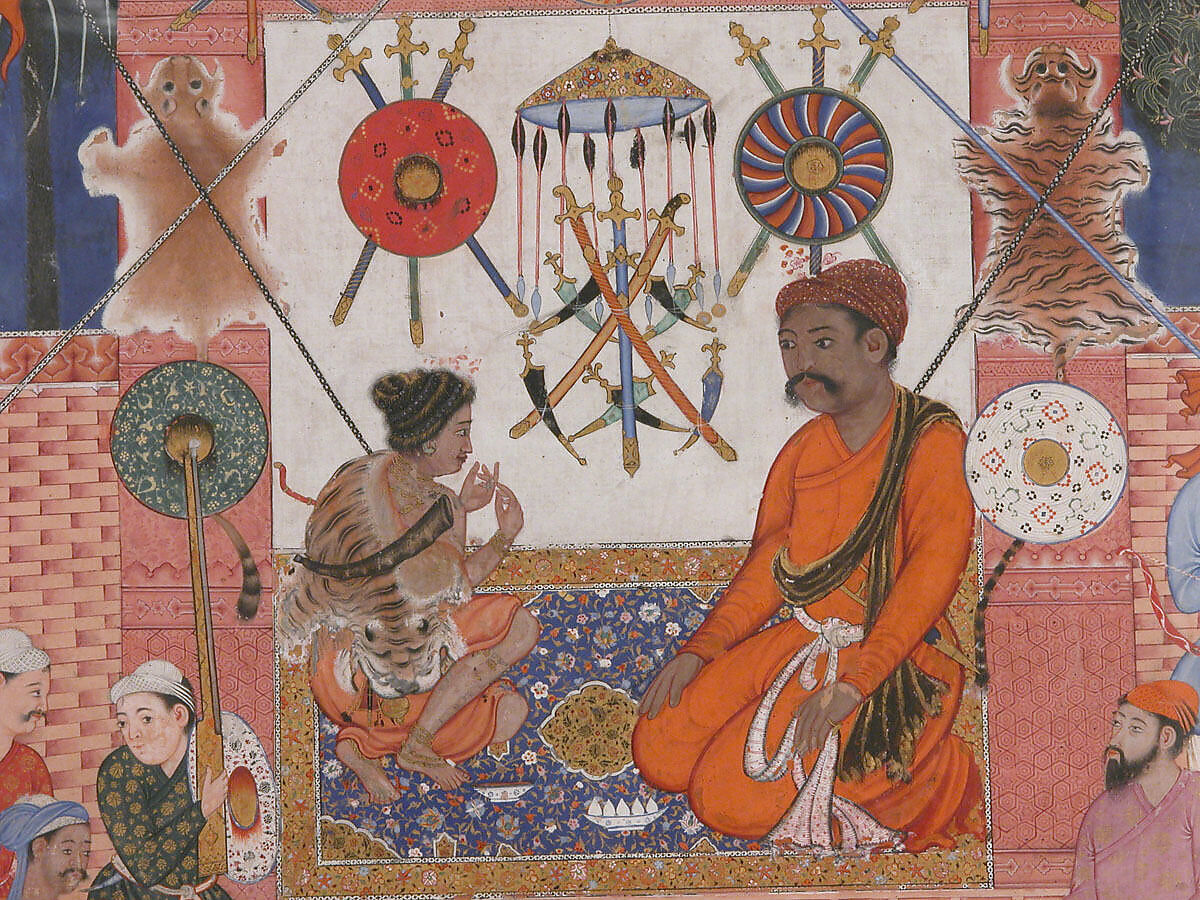 "Misbah the Grocer Brings the Spy Parran to his House", Folio from a Hamzanama (The Adventures of Hamza), Attributed to Dasavanta (Indian), Ink, opaque watercolor, and gold on cloth; mounted on paper