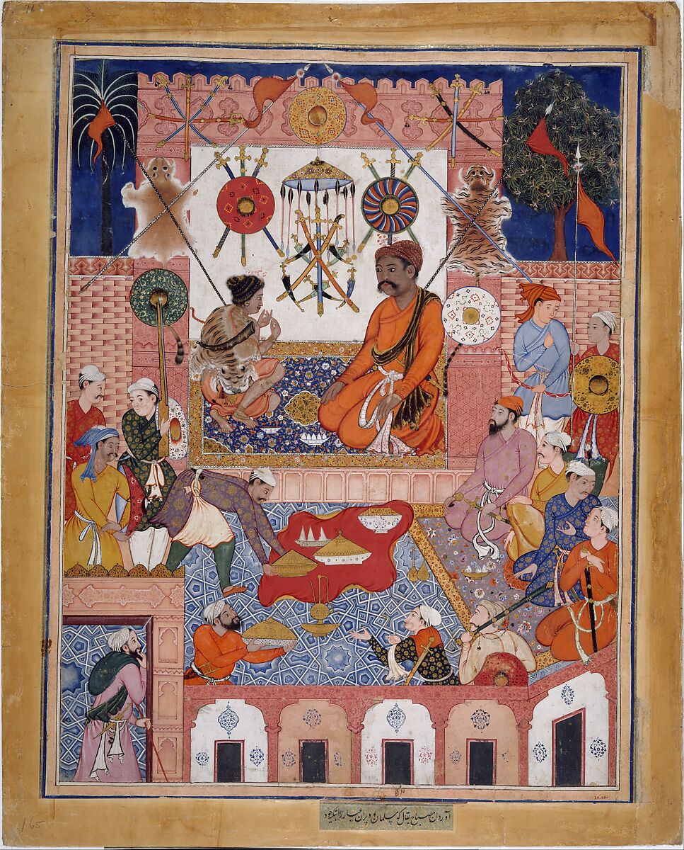 "Misbah the Grocer Brings the Spy Parran to his House", Folio from a Hamzanama (The Adventures of Hamza), Attributed to Dasavanta (Indian), Ink, opaque watercolor, and gold on cloth; mounted on paper 