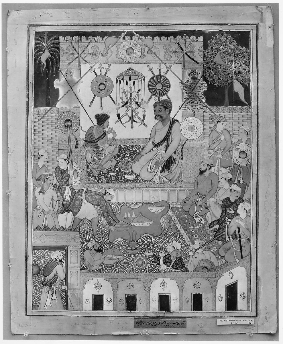 "Misbah the Grocer Brings the Spy Parran to his House", Folio from a Hamzanama (The Adventures of Hamza), Attributed to Dasavanta (Indian), Ink, opaque watercolor, and gold on cloth; mounted on paper