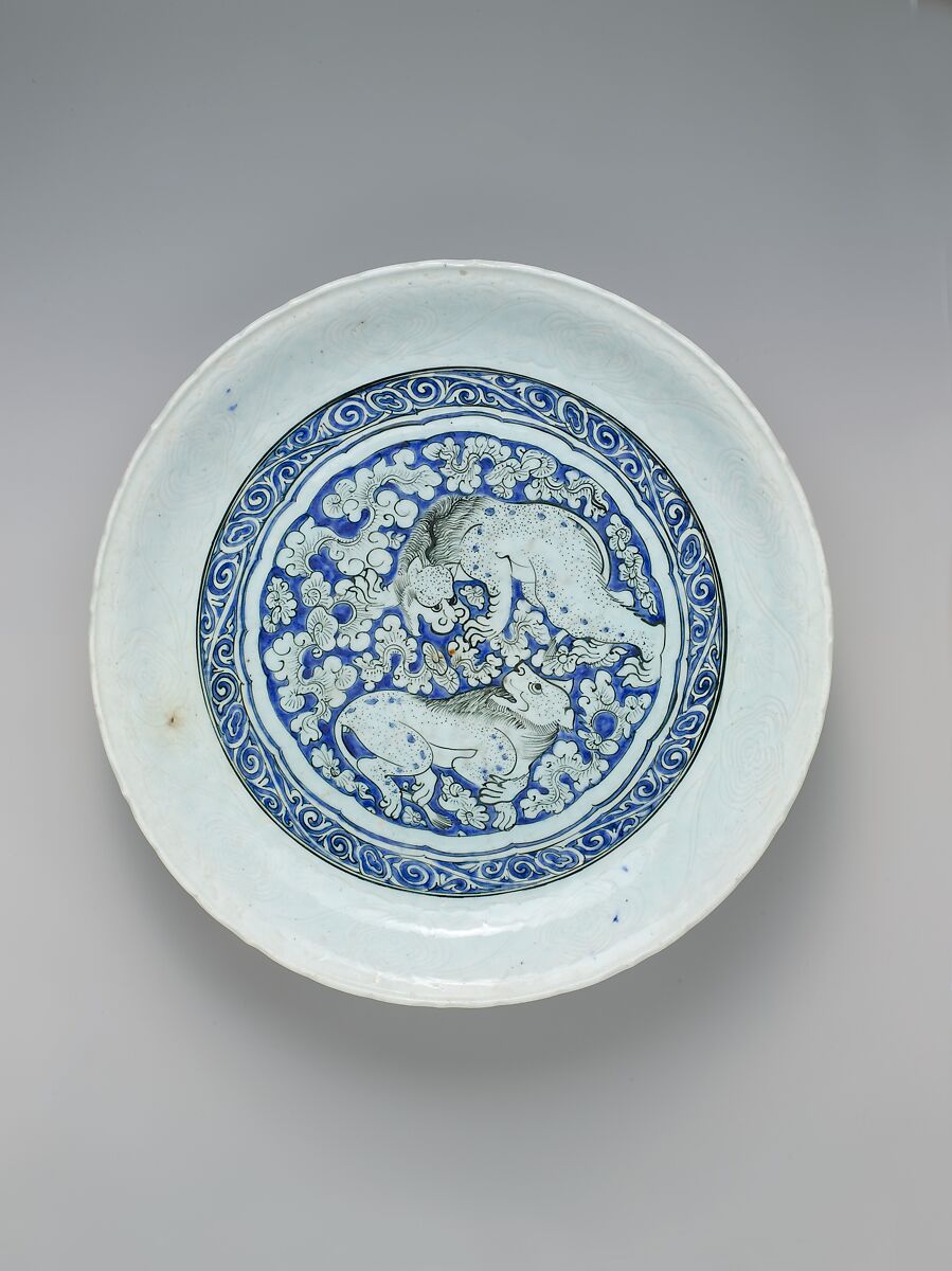 Dish with Two Fighting Lions, Stonepaste; incised and painted under transparent glaze 