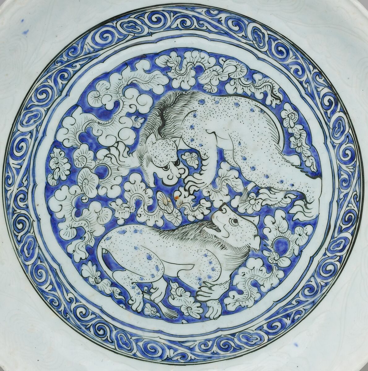 Dish with Two Fighting Lions, Stonepaste; incised and painted under transparent glaze
