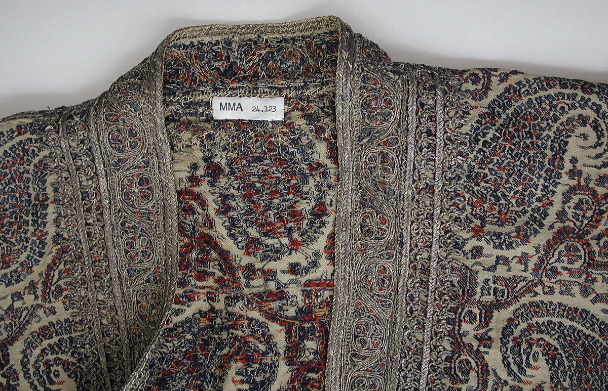 Man's Coat (Choga), Wool, metal wrapped thread; double interlocking twill tapestry weave, applied decorative braid